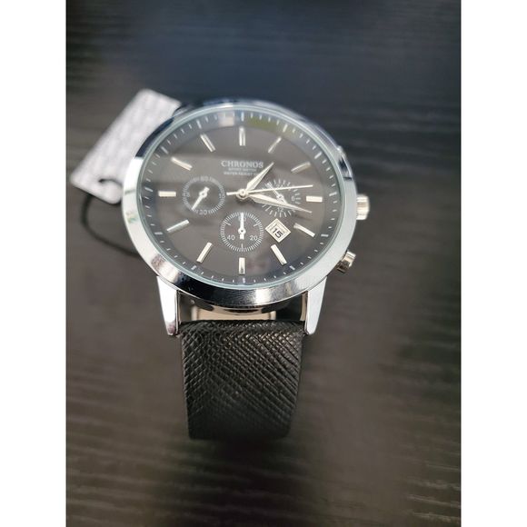🔥 NEW IN‎ BOX 42mm Chronos Men's Watch Leather Strap Calendar Business Watch - Picture 1 of 6